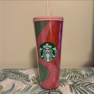 Starbucks Red, Pink & Green Glitter Swirl 24 oz Cold Cup Holiday Tumbler 2020